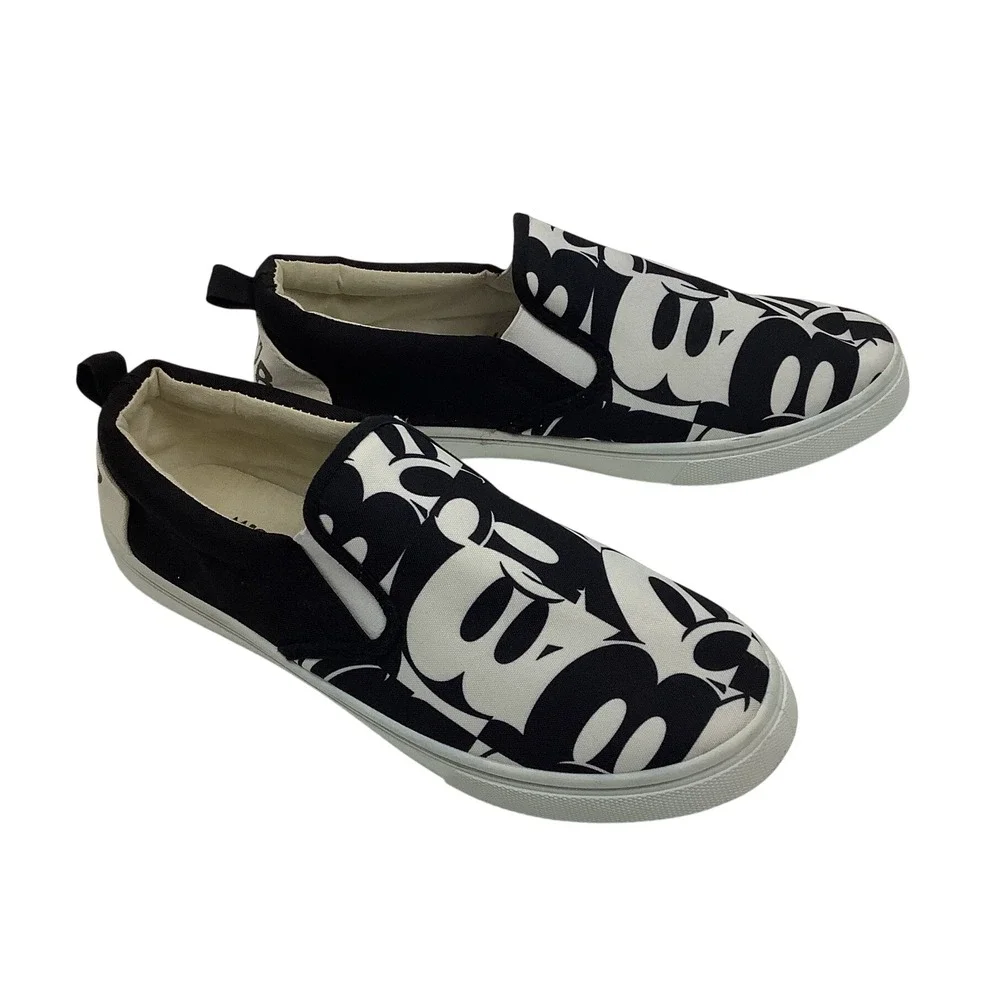 Disney Mickey Mouse Slip On Sneakers Black White Graphic Canvas Shoes Mens 8.5